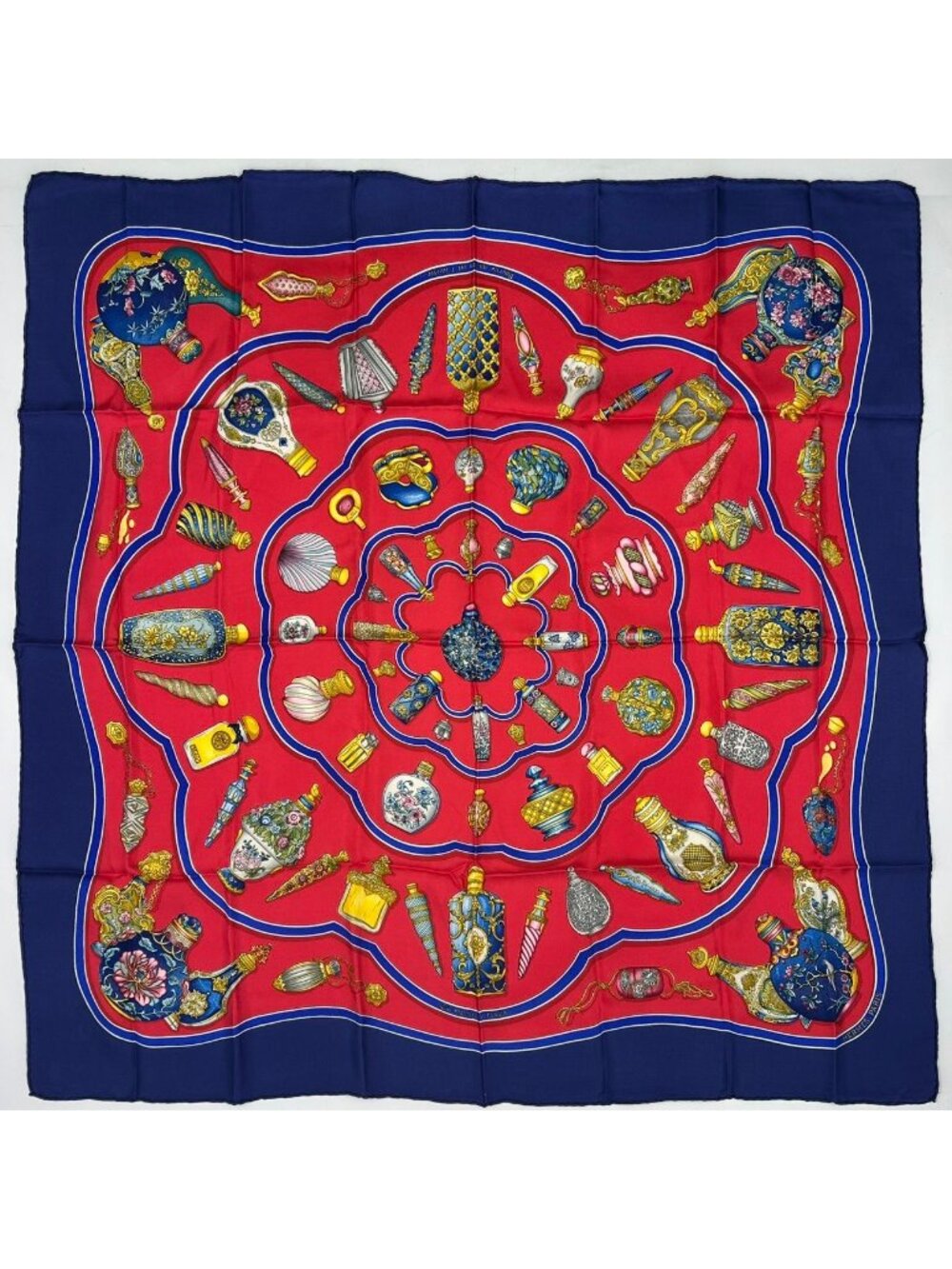 Hermes Carre 90 Qu'importe le Flacon Silk Navy Red Scarf